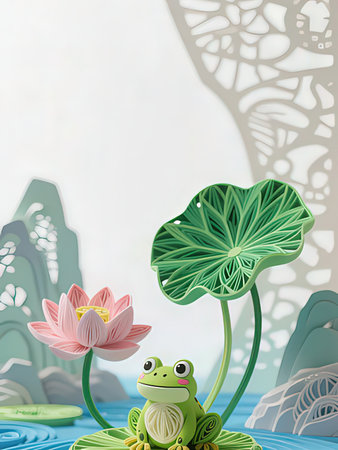Frog and lotus in the pond. Template for your design