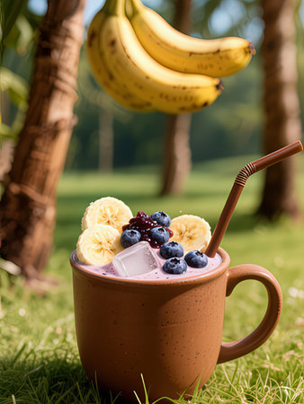 Fruit smoothie with banana and blueberries in a clay mug