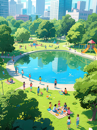 City park with people and children on picnic in summer. Vector illustration