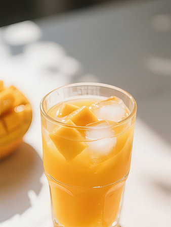 Mango smoothie with ice in glass on table, stock photoの写真素材