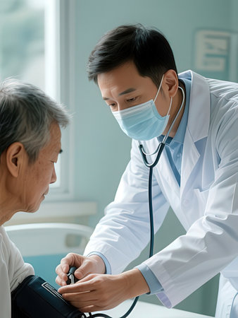 asian male doctor measuring blood pressure of senior woman patient in hospitalの写真素材