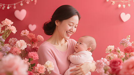 Happy Asian family mother and baby girl on a pink background with flowersの写真素材