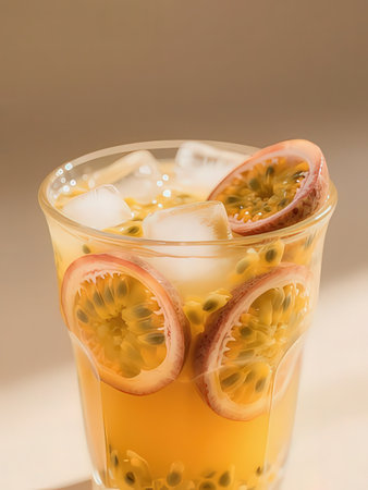 Cocktail with passion fruit and ice in glass on light background