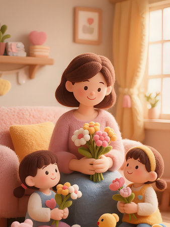 Mothers day concept. Happy family mother and children daughter with flowers.の写真素材