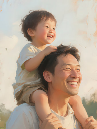 Happy asian family having fun together. Father and son piggybackingの写真素材
