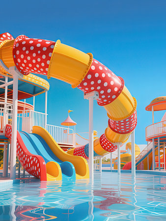 Children's water park with slides and carousels. 3d render