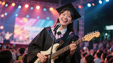 Beautiful asian girl in graduation gown with guitar on stage.