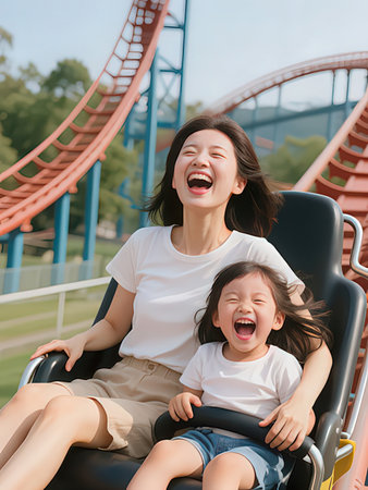 happy asian mother and daughter laughing while riding in roller coaster at amusement parkの写真素材