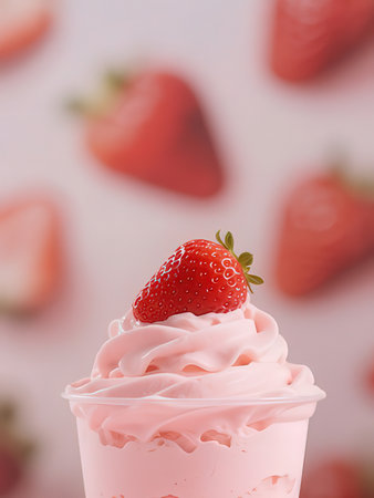 Strawberry ice cream in a plastic cup on a background of strawberriesの写真素材