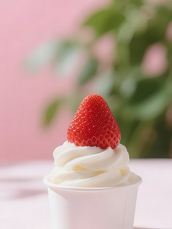 Vanilla ice cream with strawberry on pink background. Selective focus.の写真素材