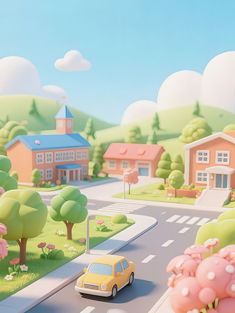 3d render of a small town with a car on the roadの写真素材