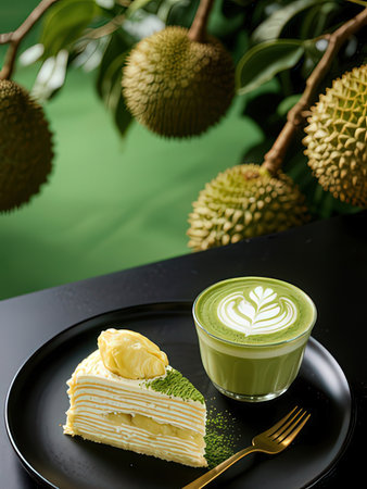Green tea matcha latte and macadamia cake on black plateの写真素材