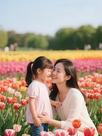 Mother and daughter in tulip flower field, asian beauty.の写真素材