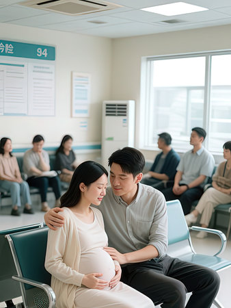Pregnant woman and her husband waiting for baby in the hospital
