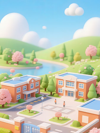 3D render of a cartoon town with a lot of buildings.