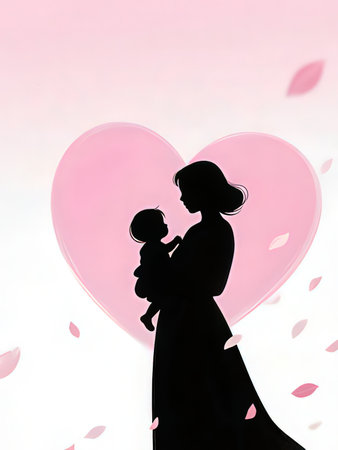 Silhouette of mother and baby with pink heart in background.の写真素材