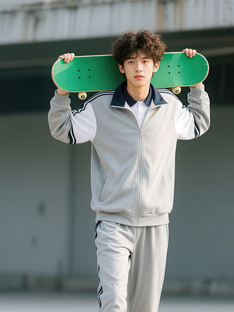 Teenage boy with a skateboard in his hands, outdoor shot