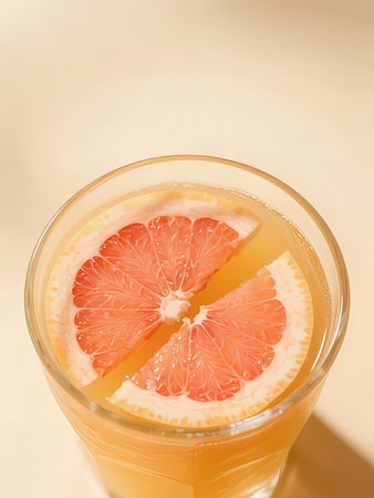 Grapefruit juice in a glass on a light background, selective focusの写真素材