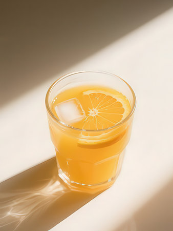 Glass of orange juice with slice of orange on white background with sunlightの写真素材