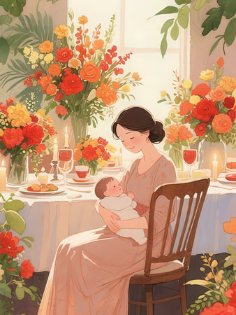 Mother and her baby at the table with flowers. Vector illustration.の写真素材
