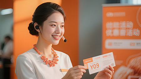 Young asian woman customer support phone operator with headset holding credit card