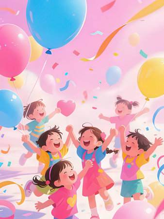 Happy children playing with balloons and confetti. Vector cartoon illustration.の写真素材