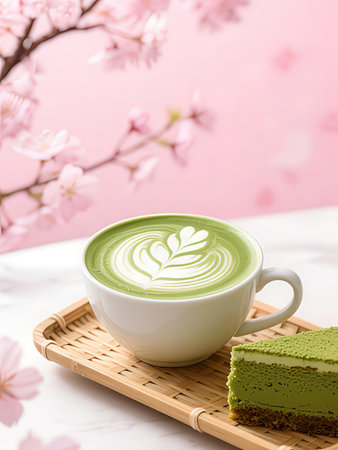 Green tea matcha latte and cake with cherry blossom background