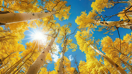 Aspen trees with yellow and green leaves during foliage season in Colorado.の写真素材