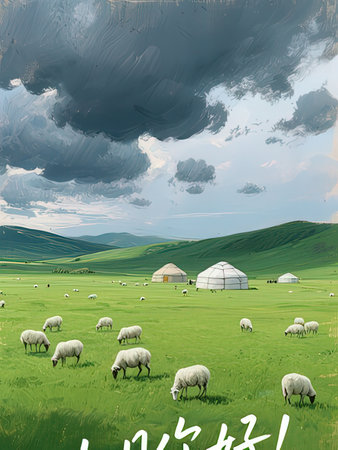 Mongolian landscape with sheeps and yurt, illustration