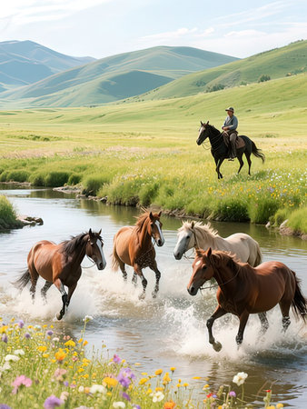 Horse riding on the river in the steps of Kazakhstanのeditorial素材