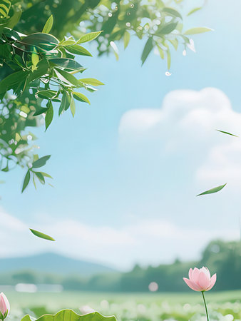 Blurred background with beautiful pink lotus flowers and green leaves.