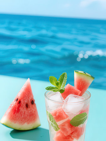Watermelon mojito with mint and ice on swimming pool backgroundの写真素材