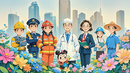 Cartoon Illustration of Nurses and Firemen in the City