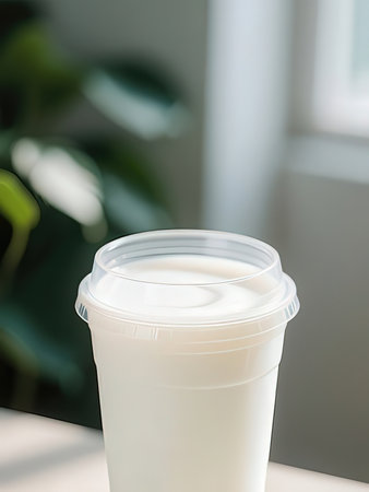 Close up of a plastic cup of fresh milk on the table.の写真素材
