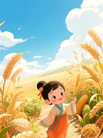 Cute little girl in wheat field with blue sky background. Vector illustration.の写真素材