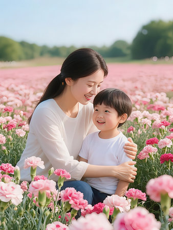 Mother and daughter having fun in the pink flower field, asianの写真素材