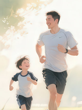 Asian father and son jogging in the park. Healthy lifestyle concept.の写真素材