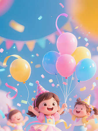 Happy children with balloons and confetti. Birthday or party background.の写真素材