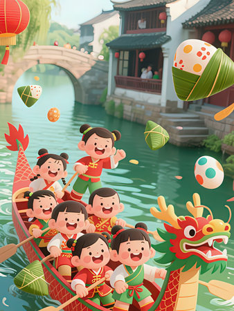 Chinese dragon boat festival in china ancient city, cartoon vector illustrationの写真素材