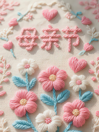 Handmade embroidery on a fabric background. Handmade.の写真素材
