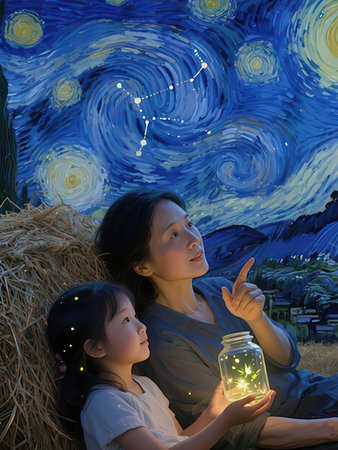 Mother and daughter looking at the starry night sky and holding a lantern
