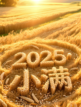 Agricultural field with ears of wheat in the rays of the setting sunの写真素材