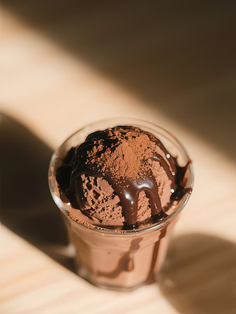 chocolate ice cream in a glass on a wooden table with sunlight