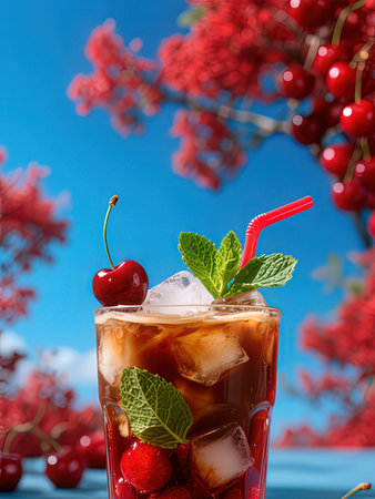 Cuba libre cocktail with cherry, mint and ice on blue backgroundの写真素材