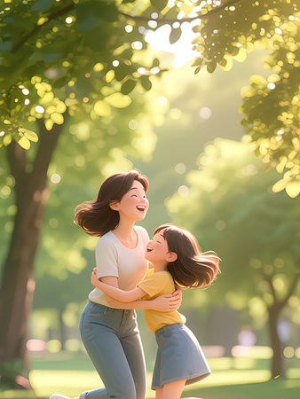happy mother and daughter playing together in the park on a sunny dayの写真素材