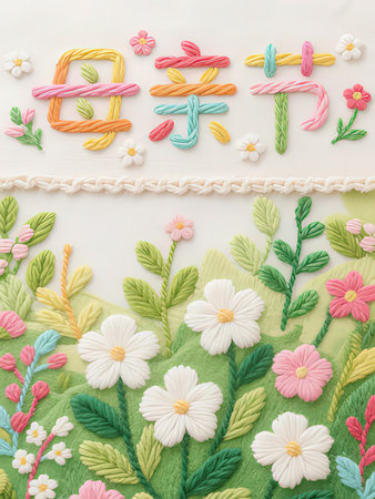 \The word \"\"love\"\" is written in multicolored paper on a white background with a pattern of flowers.\""の写真素材