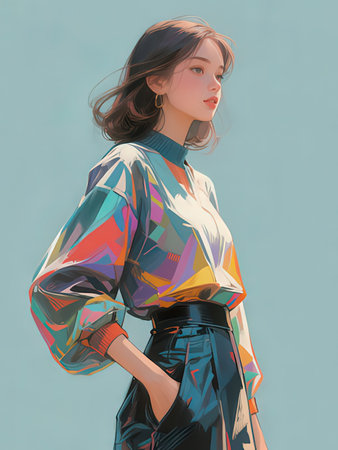 Fashion portrait of a beautiful young woman in a colorful blouse.の写真素材