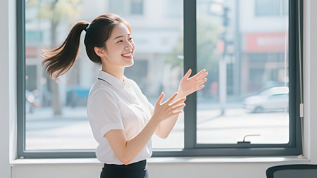 Young asian businesswoman standing near window in office. Business concept.の写真素材