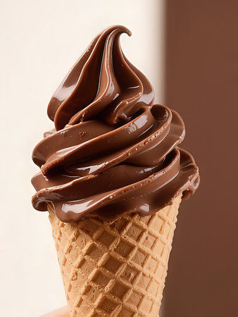 Chocolate ice cream in waffle cone on a white background.