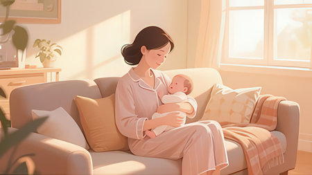 Mother with newborn baby in living room at home. Happy family concept.の写真素材